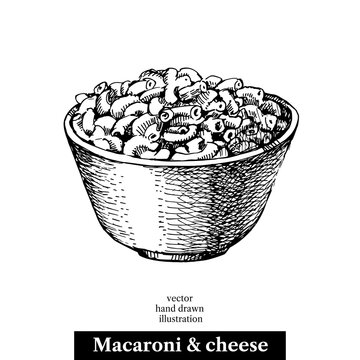 Hand drawn sketch homemade macaroni and cheese in a bowl. Vector black and white vintage illustration. Isolated object on white background. Menu design
