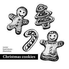 Hand drawn sketch Christmas cookies. Tree, man, candy cane.Vector black and white vintage illustration. Isolated object on white background