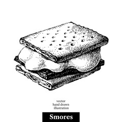 Hand drawn sketch smores wafer crackers with melted marshmallows and chocolate. Vector black and white vintage illustration. Isolated object on white background. Menu design - 445994885