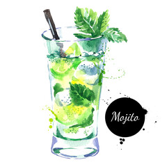 Hand drawn sketch watercolor cocktail Mojito. Vector isolated food illustration