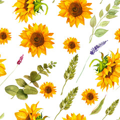 Bright seamless pattern with sunflowers, branches, eucalyptus leaves, wheat, wildflowers.