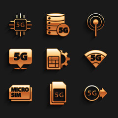 Set Sim card setting, 5G Card, network, Micro, Location, Antenna and Processor icon. Vector