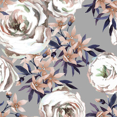 White roses and beige flowers watercolor on grey background seamless pttern for all prints.