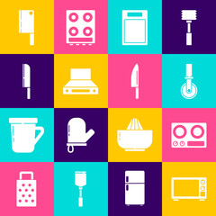 Set Microwave oven, Gas stove, Pizza knife, Cutting board, Kitchen extractor fan, Knife, Meat chopper and icon. Vector