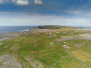 Aerial view on stone fences green fields of Aran islands