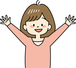 喜んでバンザイをする女性のイラスト（上半身）