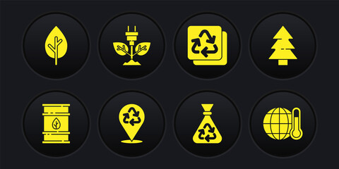 Set Bio fuel barrel, Christmas tree, Recycle, Garbage bag with recycle, Electric saving plug in leaf, Global warming and Tree icon. Vector