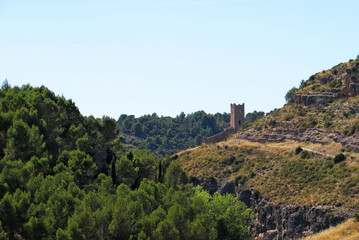 Fototapeta na wymiar Torre de Cañavate half hidden in the middle of the wooded mountain, in Alarcon, Spain.