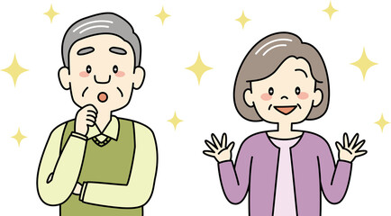 目を輝かせるおじいさんとおばあさんのイラスト（上半身）
