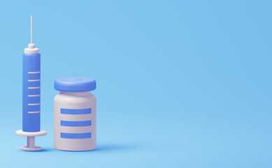 Vial vaccine with a syringe on a blue background with an empty space.