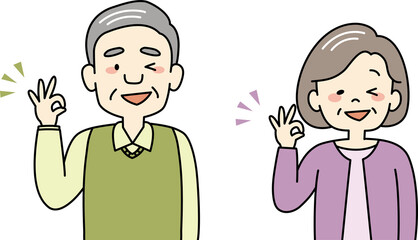 OKサインをするおじいさんとおばあさんのイラスト（上半身）