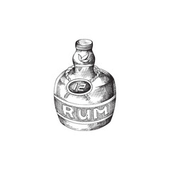 Hand drawn black and white vector illustration of rum bottle isolated on white background.