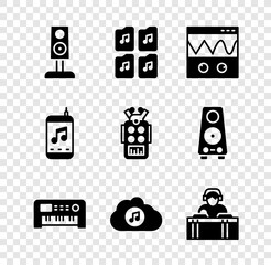 Set Stereo speaker, Music file document, Oscilloscope, synthesizer, streaming service, DJ playing music, player and Microphone icon. Vector