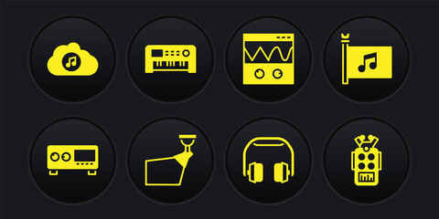 Set Guitar amplifier, Music festival flag, Movie spotlight, Headphones, Oscilloscope, synthesizer, Microphone and streaming service icon. Vector