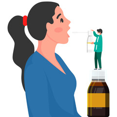 A Doctor treats throat to patient with throat spray. medicine concept, disease treatment concept. sore throat treatment. Medicine healthcare concept. Medical background. Medical background.