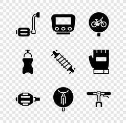 Set Bicycle pedal, speedometer, handlebar, Sport bottle with water and suspension icon. Vector