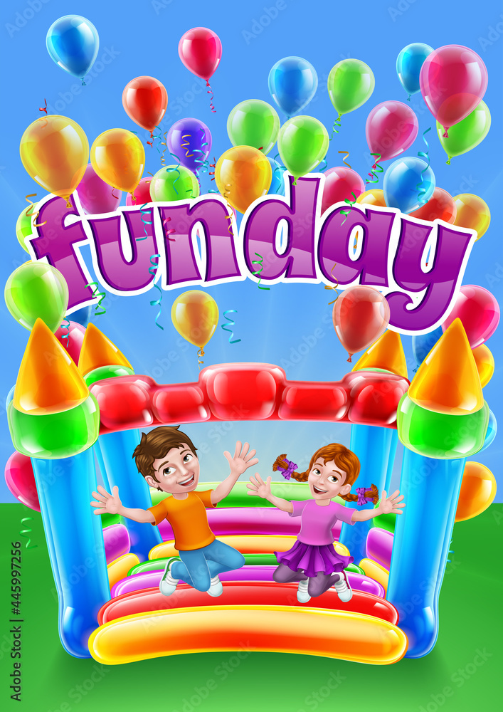 Poster Bouncy House Castle Jumping Girl Boy Kids Cartoon