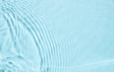 Summer banner background. Blue liquid colored clear water surface texture with splashes bubbles....