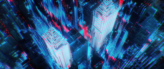 3d render of Science fiction chip neon cyberpunk city night panorama   3D illustration of dark futuristic sci-fi city lit with blight neon lights © jeffery