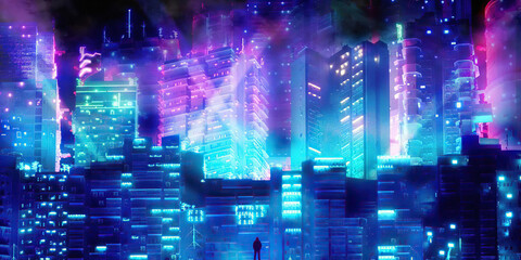 3d render of Science fiction chip neon cyberpunk city night panorama   3D illustration of dark futuristic sci-fi city lit with blight neon lights - obrazy, fototapety, plakaty