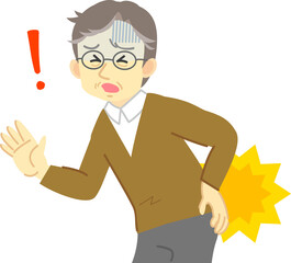 腰痛で腰に手を当て痛がる表情シリーズ：幅広い年代の成人男性対応　高齢者世代
