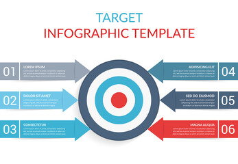 6 Steps to your goal concept, infographic template with target with 6 arrows with text and numbers
