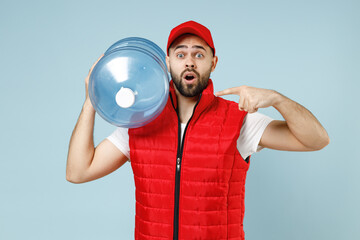 Professional delivery guy employee man in red cap white T-shirt vest uniform workwear work dealer...
