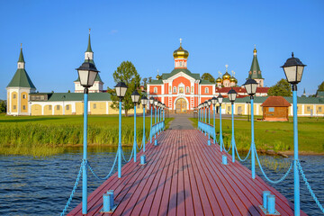 Fototapeta premium Pier of the Valdai Monastery at sunset, Novgorod region of Russia