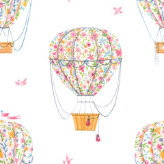 Beautiful vector seamless pattern with cute watercolor hand drawn air baloons with gentle flowers. Stock illustration.