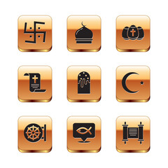 Set Hindu swastika, Dharma wheel, Christian fish, Easter cake, Decree, paper, parchment, scroll, egg, and Muslim Mosque icon. Vector