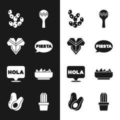 Set Fiesta, Poncho, Cactus, Maracas, Hola, Nachos in bowl, or succulent pot and Avocado fruit icon. Vector © vector_v