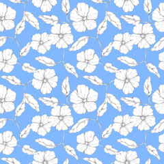 Graphic flowers and leaves seamless pattern on light blue background. Hand drawn monochrome black and white botanical print. Floral design element, decoration, background.