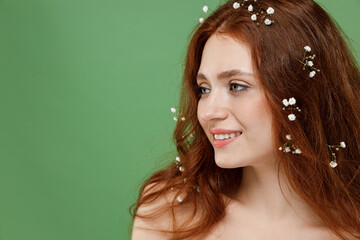 Beautiful charming smiling gentle half naked topless redhead hair woman 20s with nude make up look...