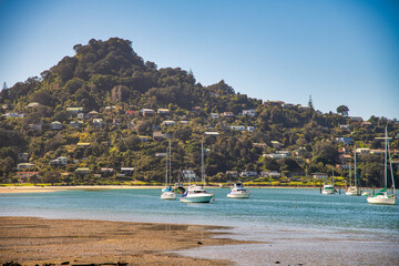 Coast and boats in the Coromandel peninsula, New Zealand