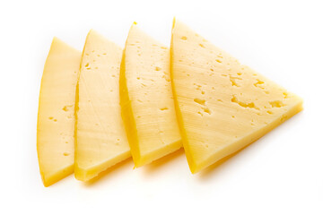 Pieces of semi-hard or hard yellow cheese with holes isolated on a white background.