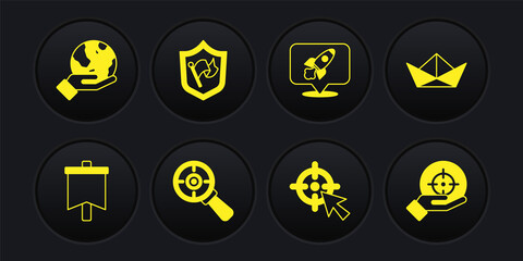 Set Flag, Folded paper boat, Target with magnifying glass, Rocket ship, Shield flag, and Hand holding Earth globe icon. Vector