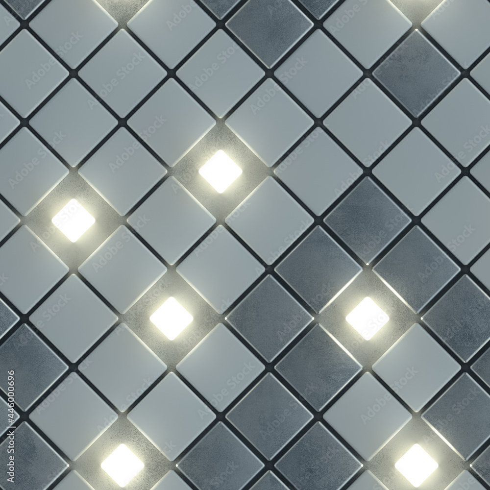 Poster seamless pattern of gray concrete and illuminating cubes 3d render