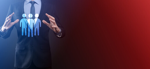 Businessman hold teamwork icon. Building a strong team. people icon. Human resources and management concept. social networking, assessment center concept, personal audit or CRM concept.