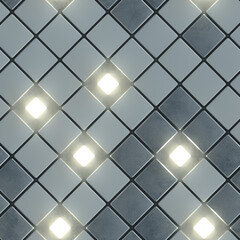 Seamless pattern of gray concrete and illuminating cubes 3D render
