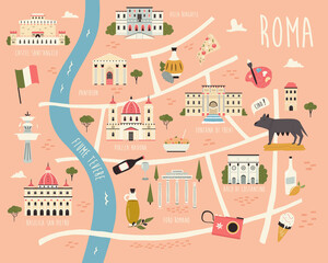 Naklejka na ściany i meble Illustrated map of Rome with famous symbols, landmarks, buildings.