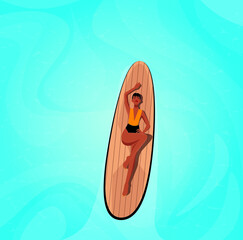 Digital illustration of a girl on summer vacation swims in the ocean on a board boat top view