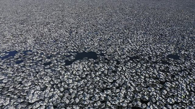 Small reflecting plates clustered together in a large water reservoir.