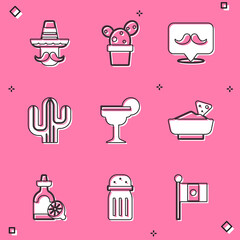 Set Mexican man sombrero, Cactus or succulent in pot, Mustache, Margarita cocktail, Nachos bowl, Tequila bottle with lemon and Salt icon. Vector