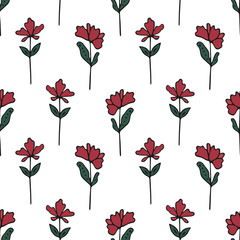 Seamless pattern with flowers and leaves. Vector hand drawn illustration. Tulips. The print is used for Wallpaper design, fabric, textile, packaging.