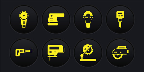 Set Rotary hammer drill machine, Construction jackhammer, Electric jigsaw, Table for woodwork, Angle grinder, sander, circular and icon. Vector