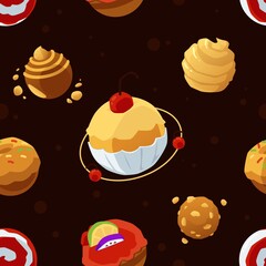 Seamless pattern with sweet candy and cake planets flat vector illustration.