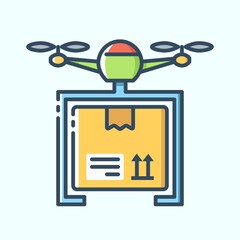 Delivery drone with the box color icon. Vector stylish flat illustrations on light blue background. 