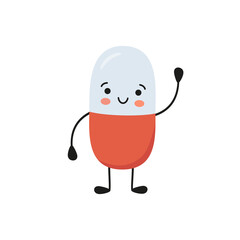 Happy smiling medicine pill character. Kawaii medicine capsule. Vector isolated illustration on white background.