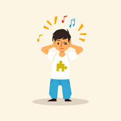 Child autist covers his ears from outer sounds flat vector illustration isolated.