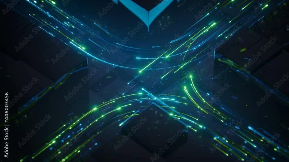 Poster transfer digital data. blue and green glow light trails. seamless loop 3d render animation